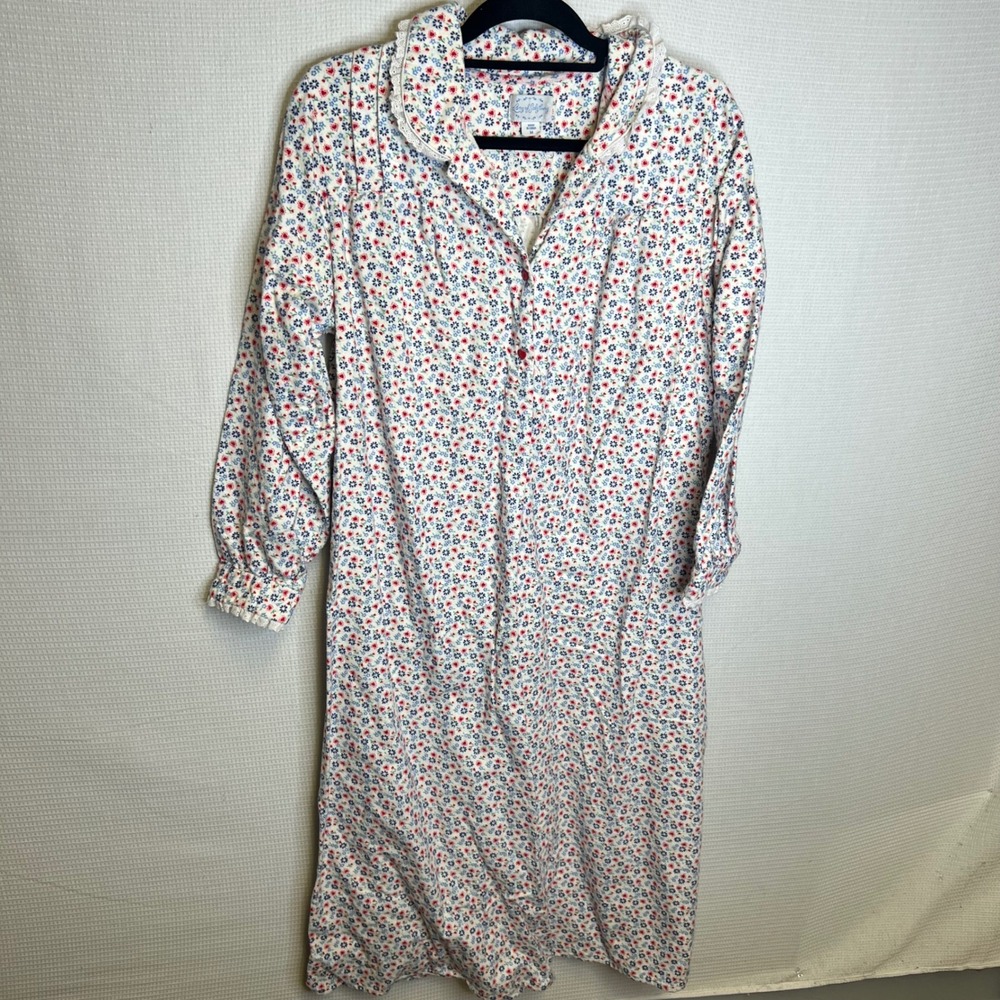 Lanz of Salzburg Women Blue Red Floral Cotton Flannel Nightgown Lace Trim Med